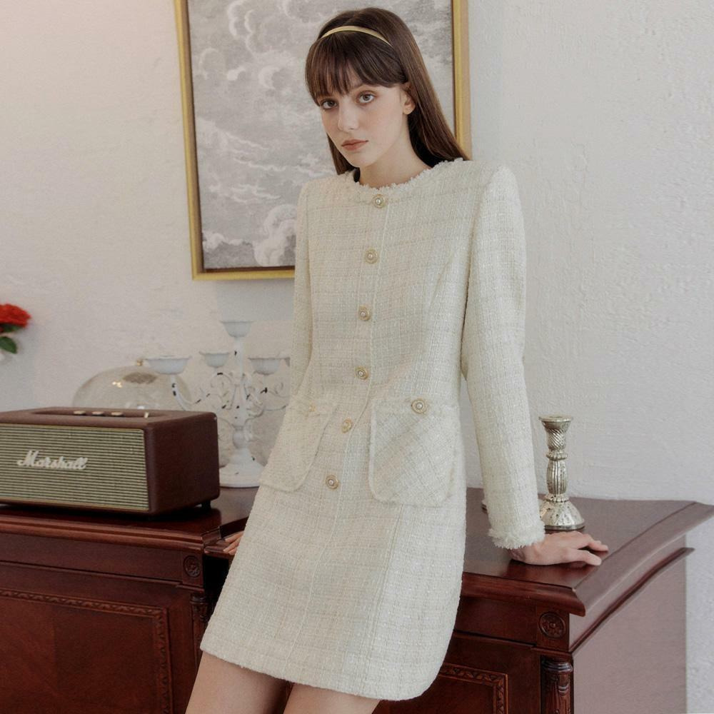 Ivory Gold Daisy Tweed Dress – Deolinda Chic SS26 In Stock Now