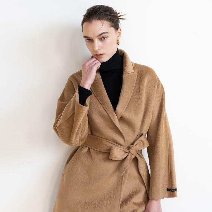 Premium belted woolcashmere wrap coat in camel 하고