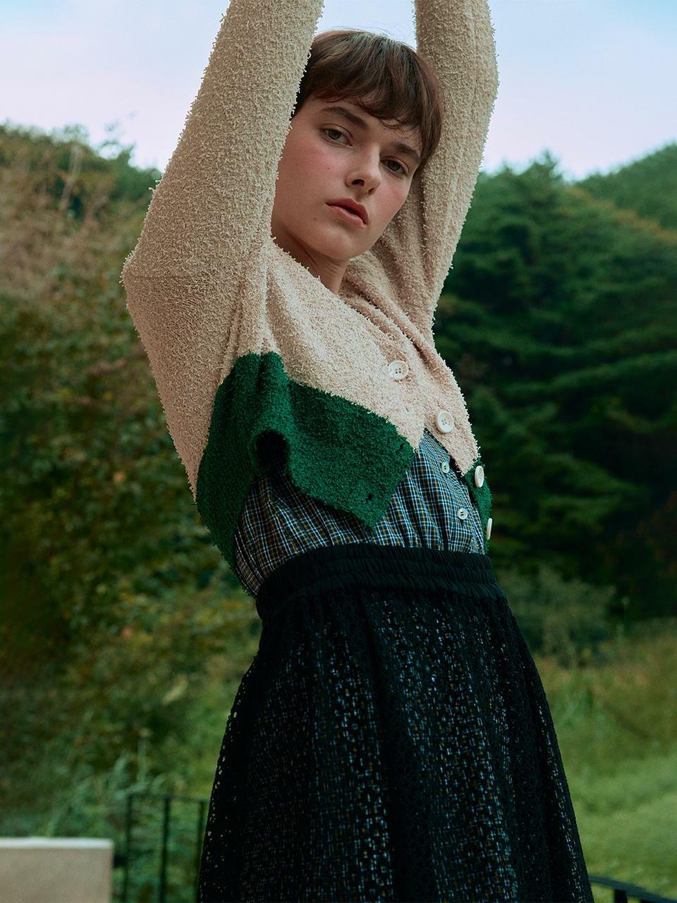 Pig Tail Color Block Knit Cardigan_Gray Sand HAGO(하고)