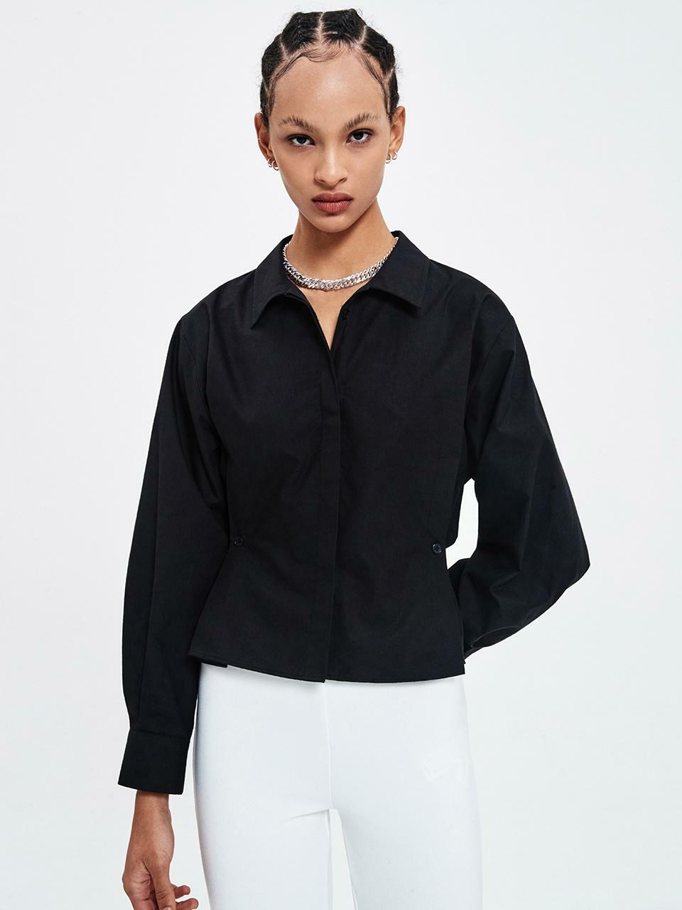 Black Gathered Potli Button Crop Shirt