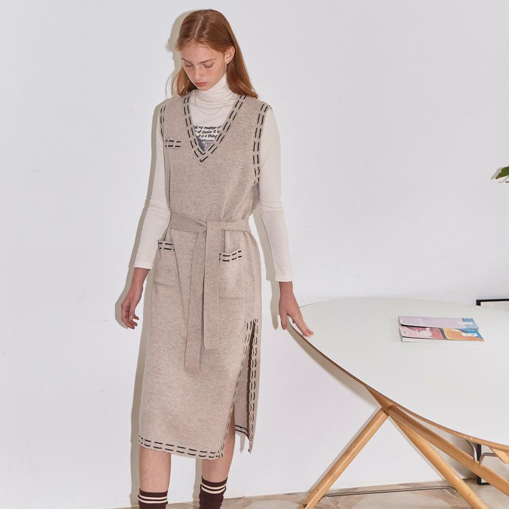 [LINE] Stitch Layered Knit Dress (Beige) 하고