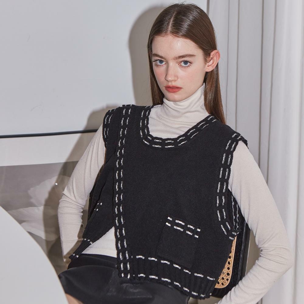 [LINE] Slit Stitch Knit Vest (Black) - HAGO(하고)