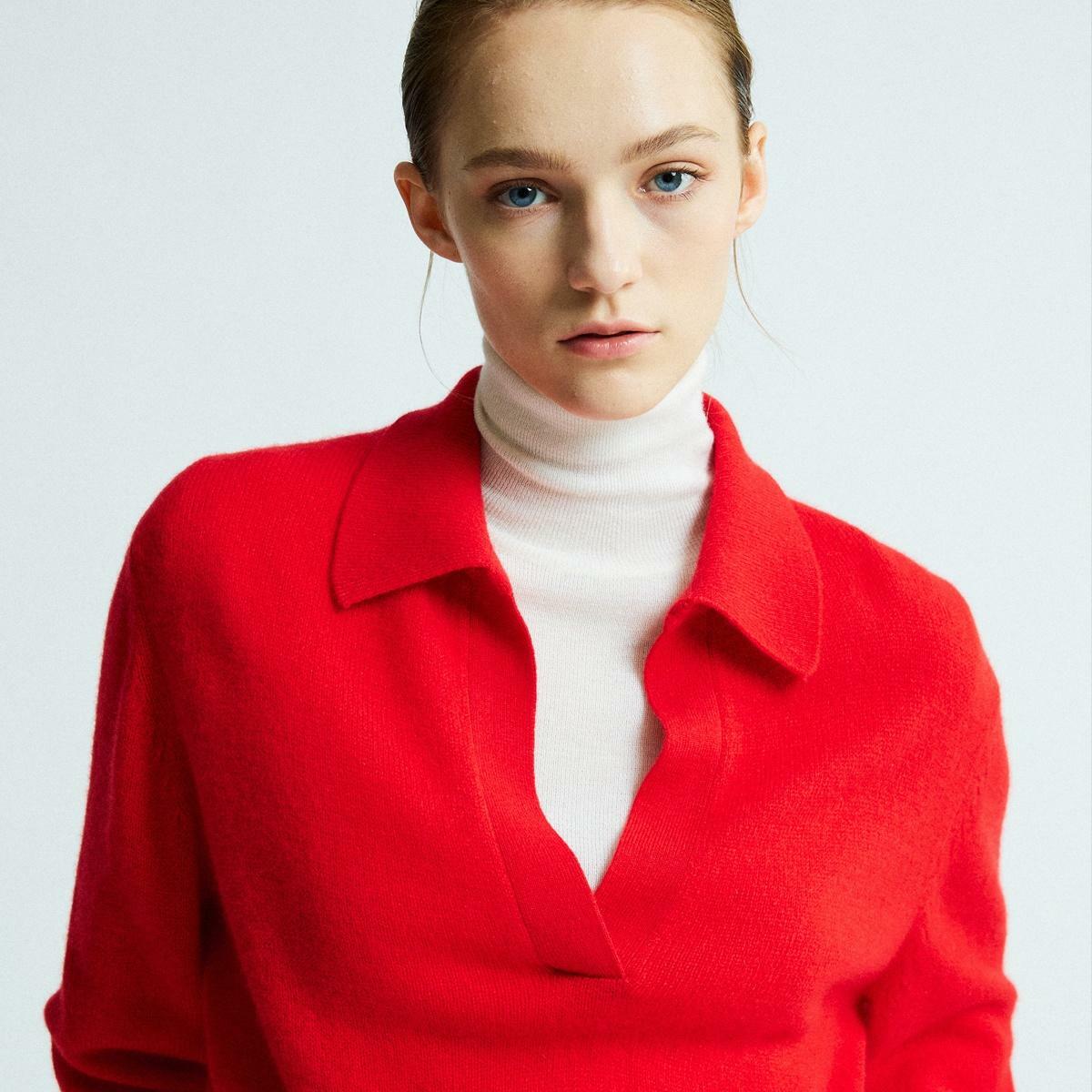 Cashmere Blend Open Collar Knit Top Red 하고