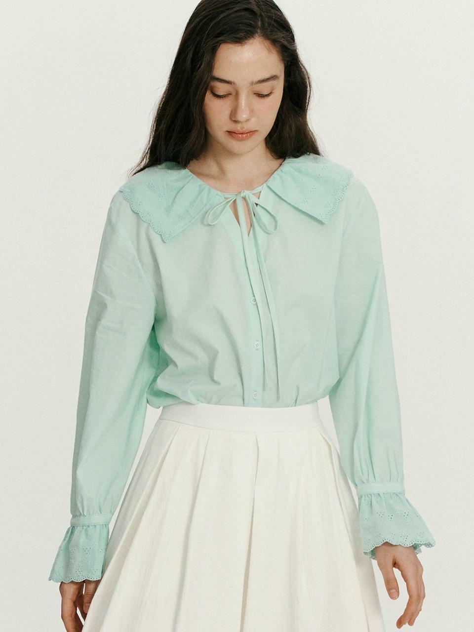 Lace ruffled neck blouse - Mint - HAGO(하고)