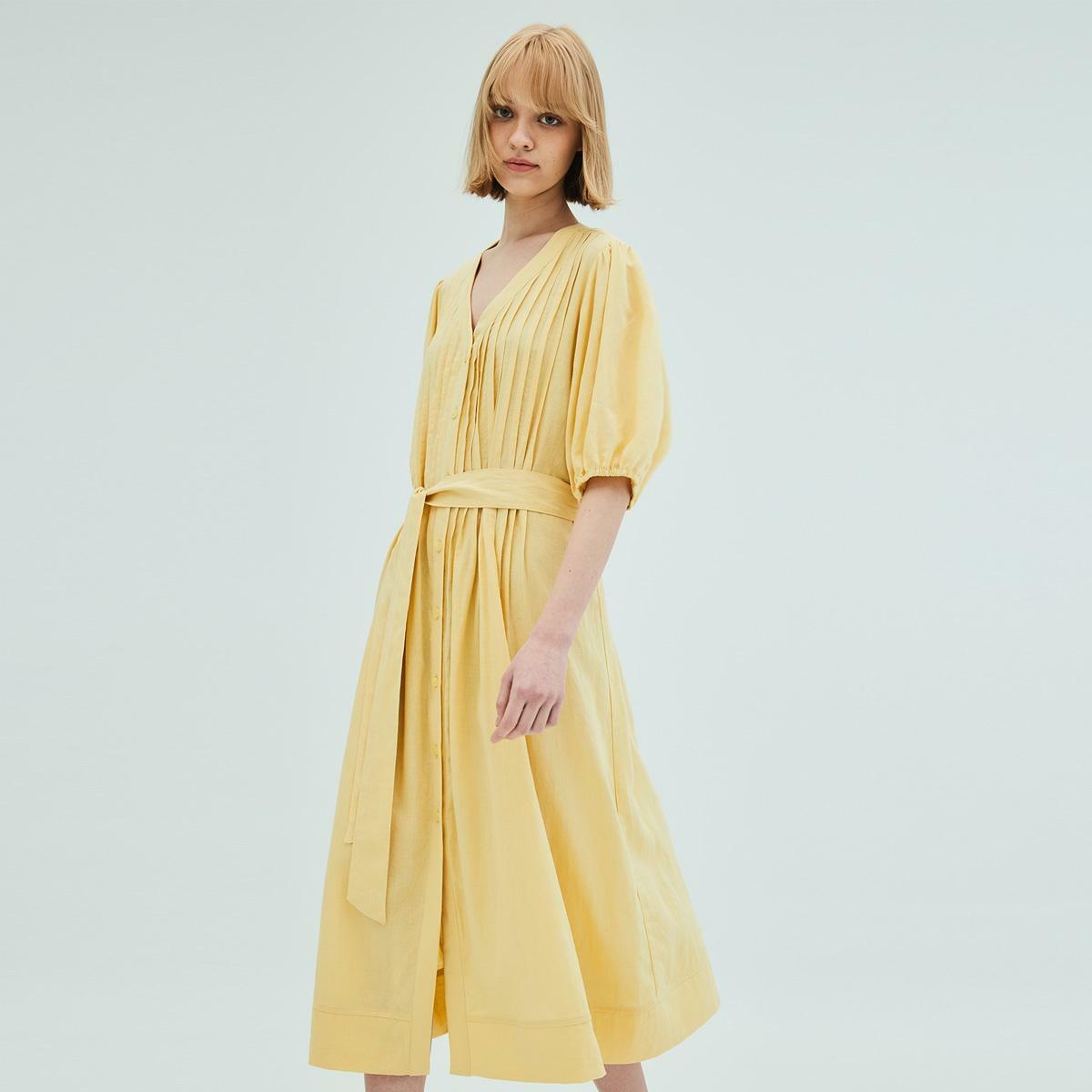 LINEN PLEATED DRESS YELLOW 하고