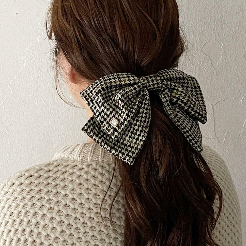 oar Hound Check Big Ribbon Barrette [Brown] - HAGO(하고)