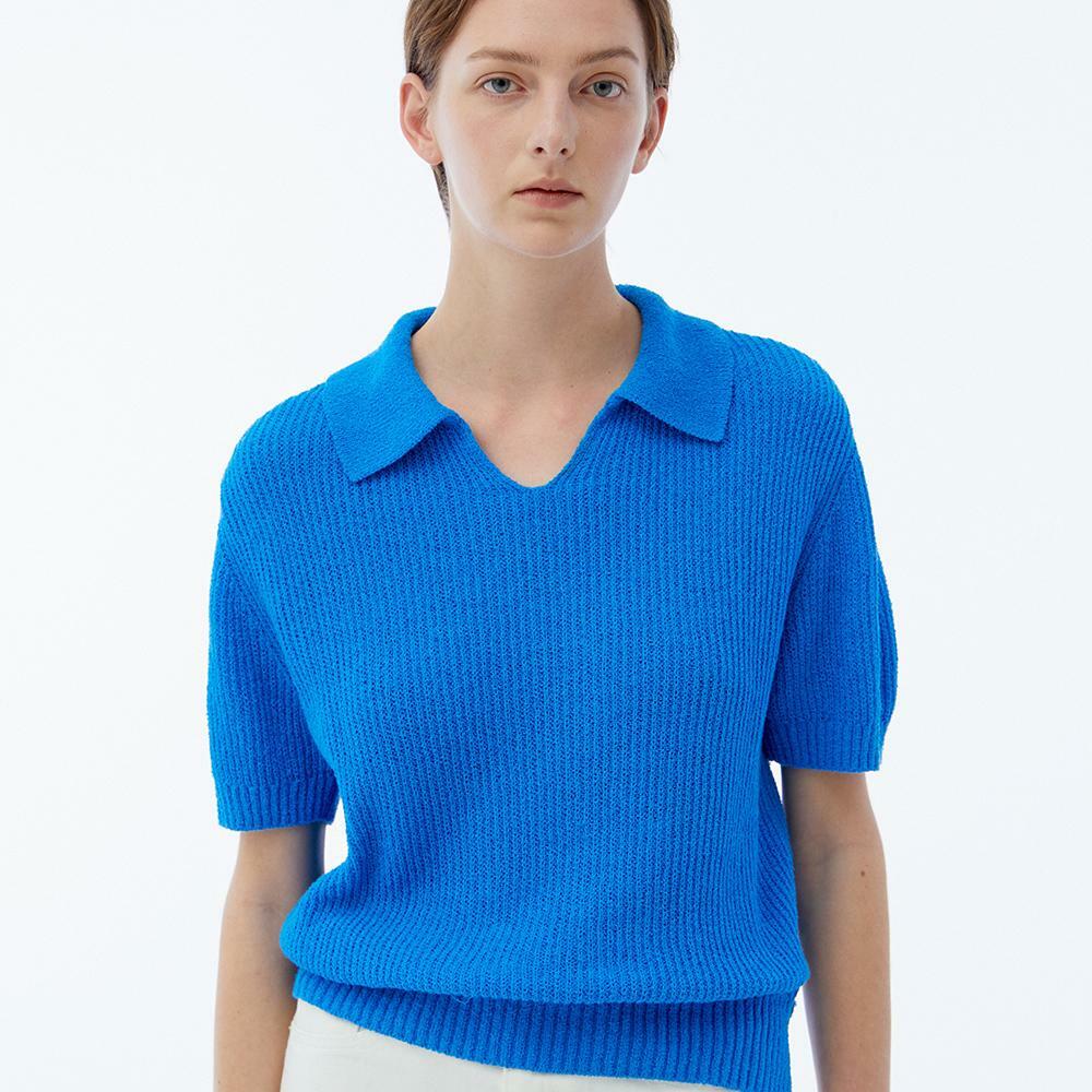 OPEN COLLAR KNIT TOP BLUE 하고