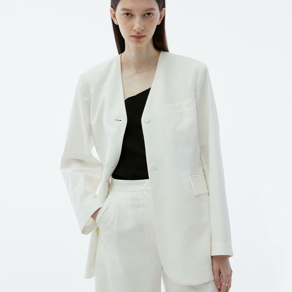 COLLARLESS COTTON JACKET IVORY 하고