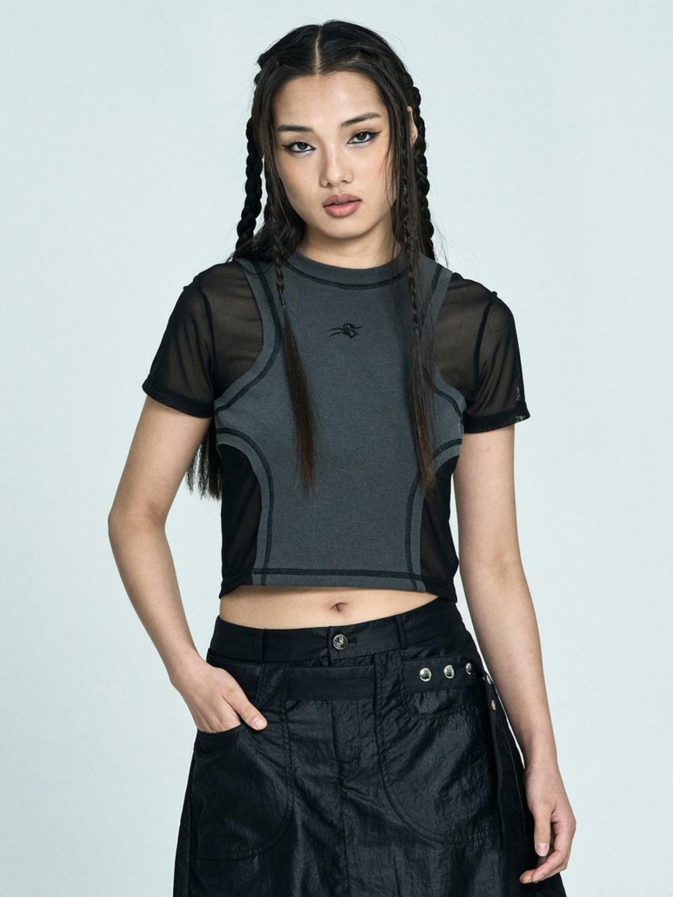 Raw edge mesh crop top - Charcoal - HAGO(하고)