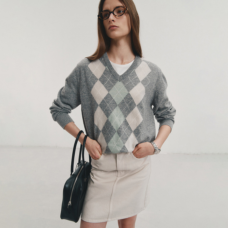 Woven Right Argyle V-Neck Ribbed Trim Sweater Dress main image 0