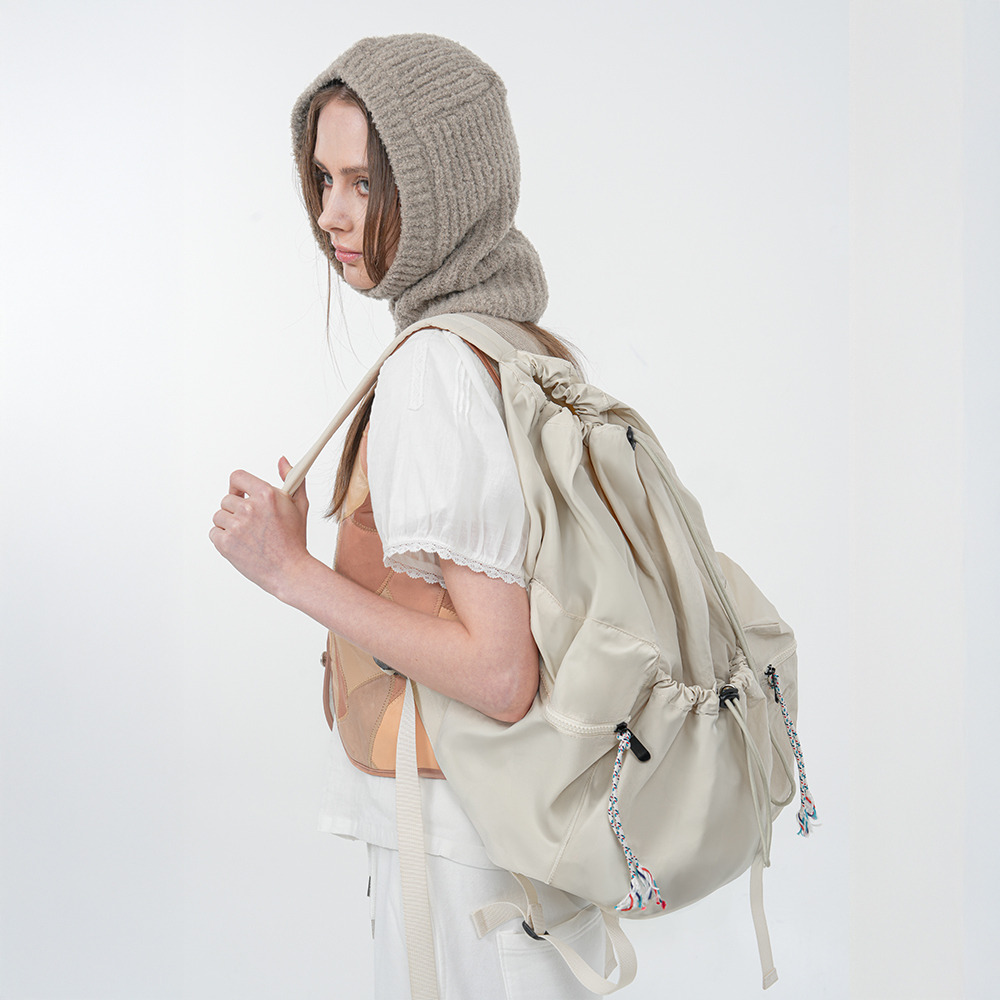 Drawstring nylon backpack rucksack Cream beige - HAGO(하고)