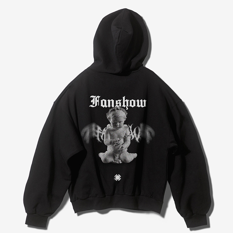 DEMONIC ANGEL OVER FIT DOUBLE JERSEY HOODIE - BLACK - HAGO(하고)
