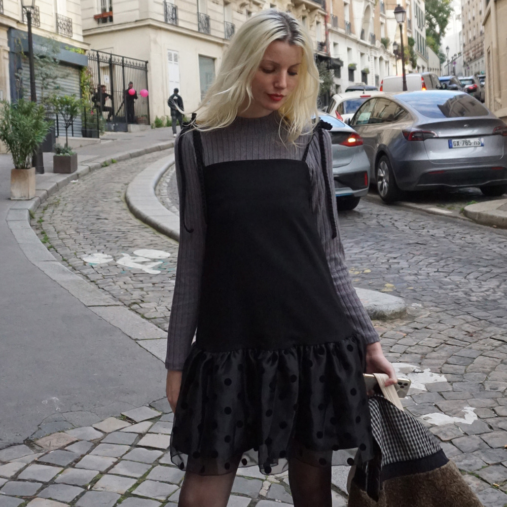 Volume Ruffle Bustier Wool Dress with Dot_black - 하고(HAGO)