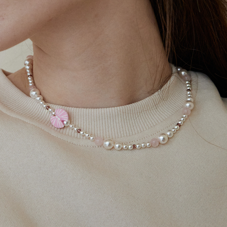 Pink ribbon with pearl necklace - HAGO(하고)