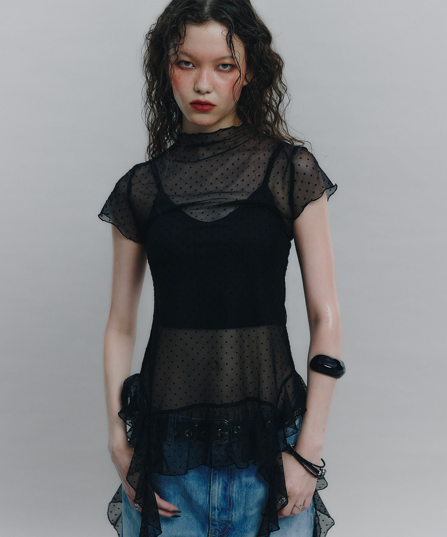 Mesh Ruffle Top 7/31 예약배송 Dot Mesh Ruffle Top (BLACK) - HAGO(하고)