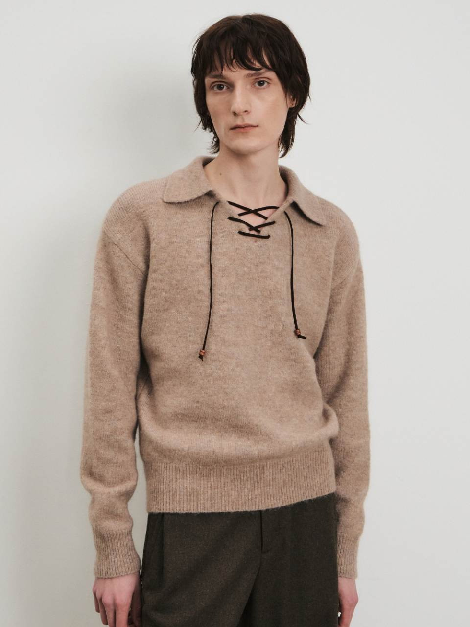 Men Alpaca Wool Blend String Sweater, Beige - HAGO(하고)