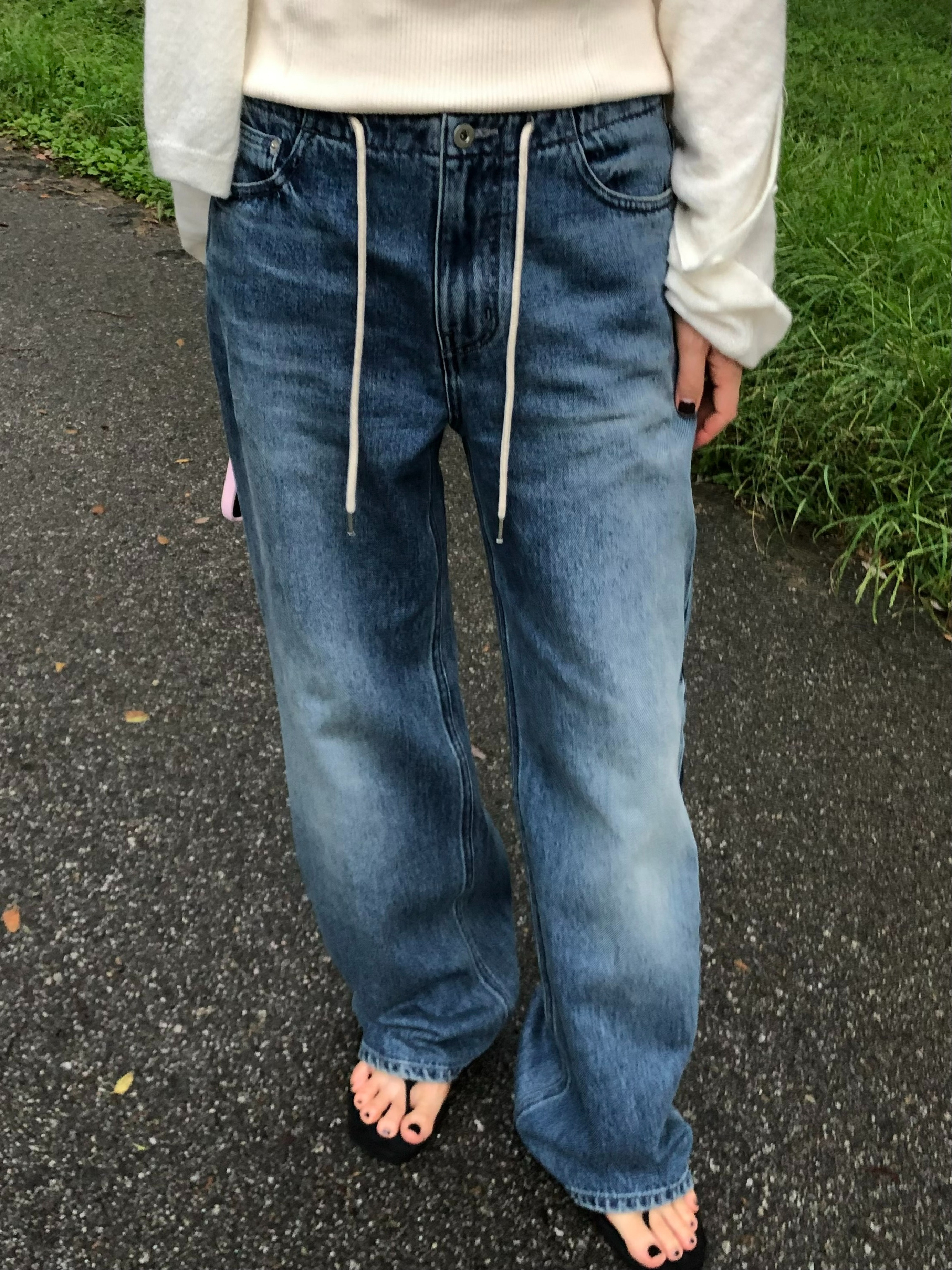 Washed White Drawstring Washed Drawstring Wide Jeans - HAGO(하고)