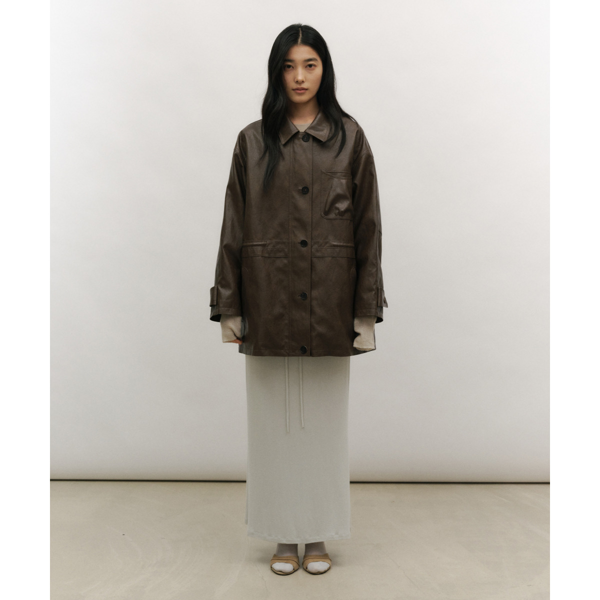 DRAWSTRING LEATHER HALF JACKET [BROWN]